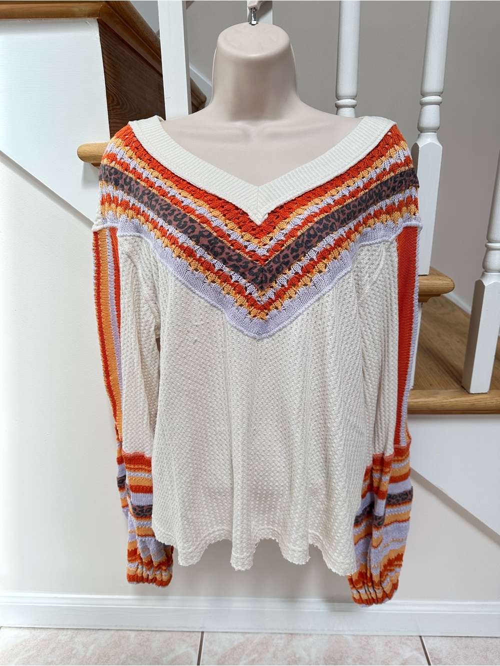 Free People Ivory V-Neck Sweater with Lavender, Orange Accent Stripes